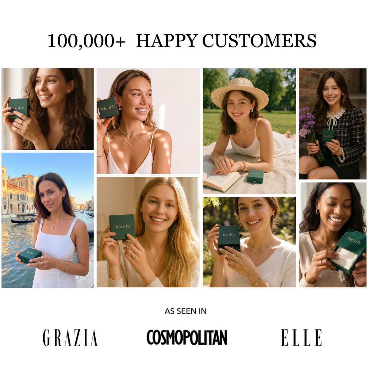 Collage of smiling Joie d’Or customers holding green gift boxes: 100,000+ happy customers, as seen in Grazia, Cosmopolitan and Elle
