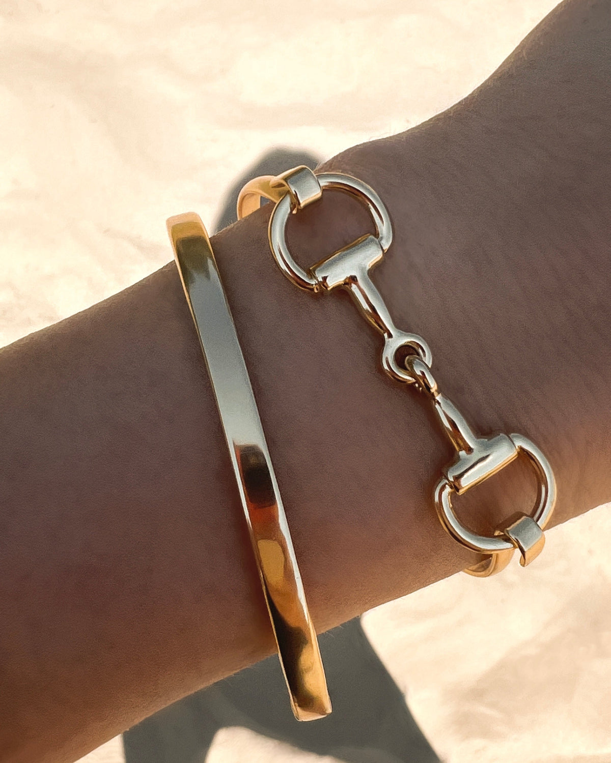 Jewelry lifestyle photo featuring model wearing James Michelle bracelets