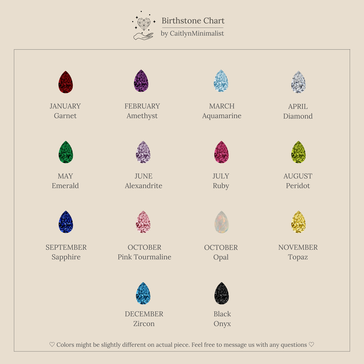 The Pear & Baguette Birthstone Charm Set in Rose Gold features twelve vibrant monthly gems plus black onyx, ideal for creating a personalized jewelry or birthstone charm collection.