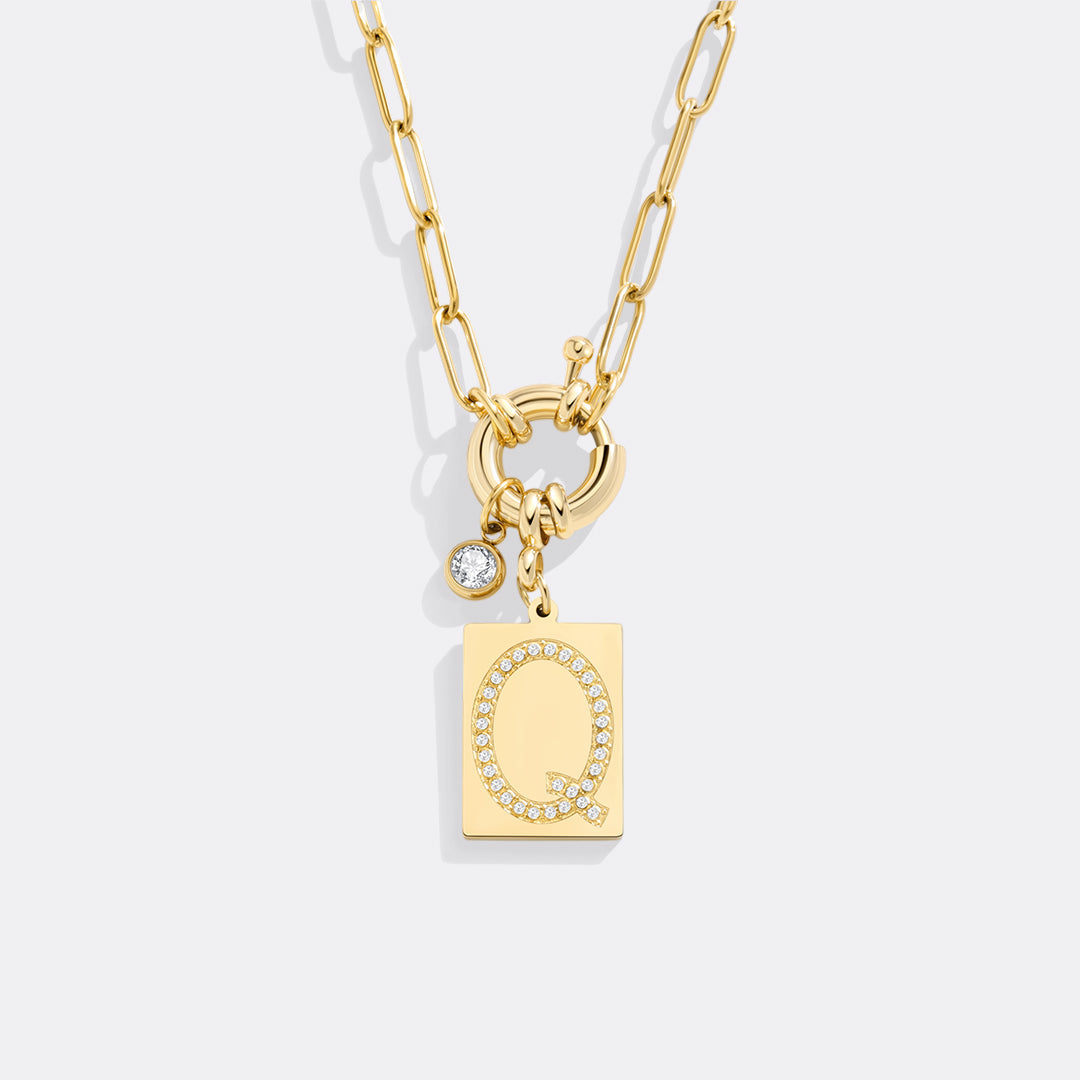 Pave Initial Pendant Necklace, Gold / Q / 18"