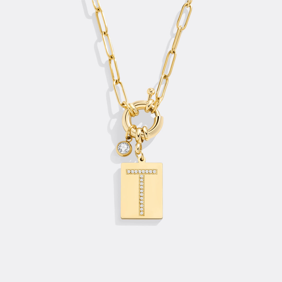 Pave Initial Pendant Necklace, Gold / T / 18"