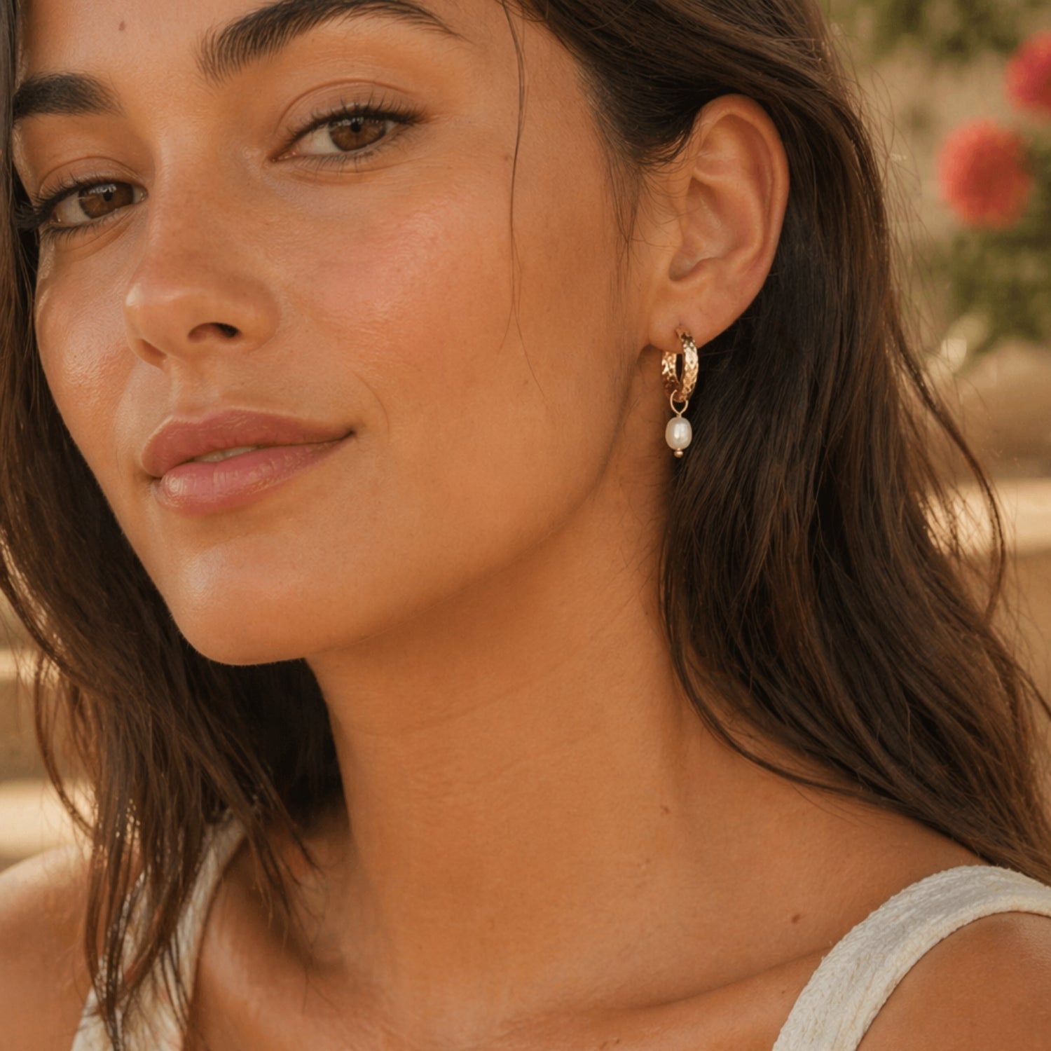 Hammered Pearl Hoop Earrings