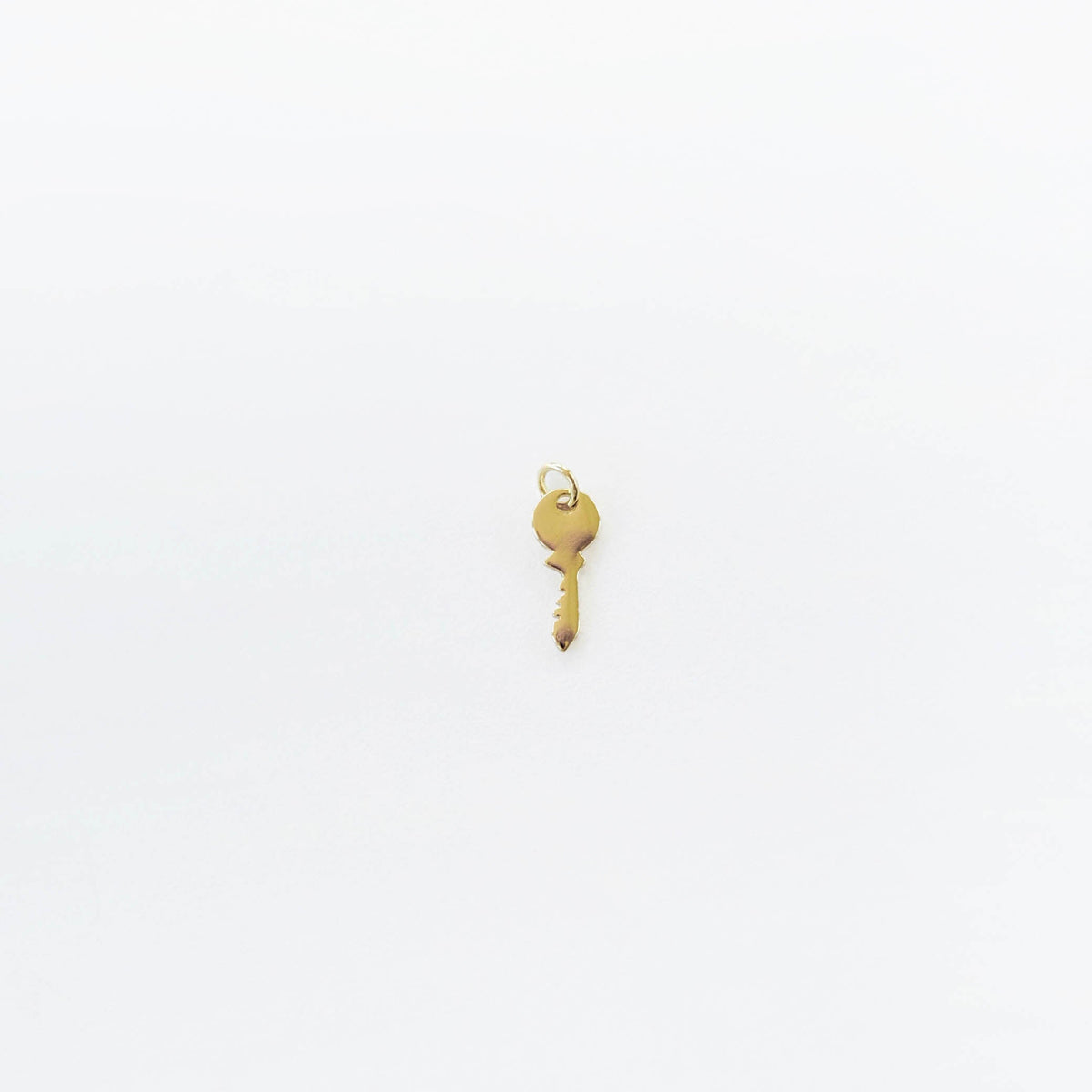 A small gold key charm with a round head and jagged edge rests on a plain white background—ideal for personalizing your jewelry or adding to LLUME Jewelry’s Build a Charm Necklace with other gold filled charms.