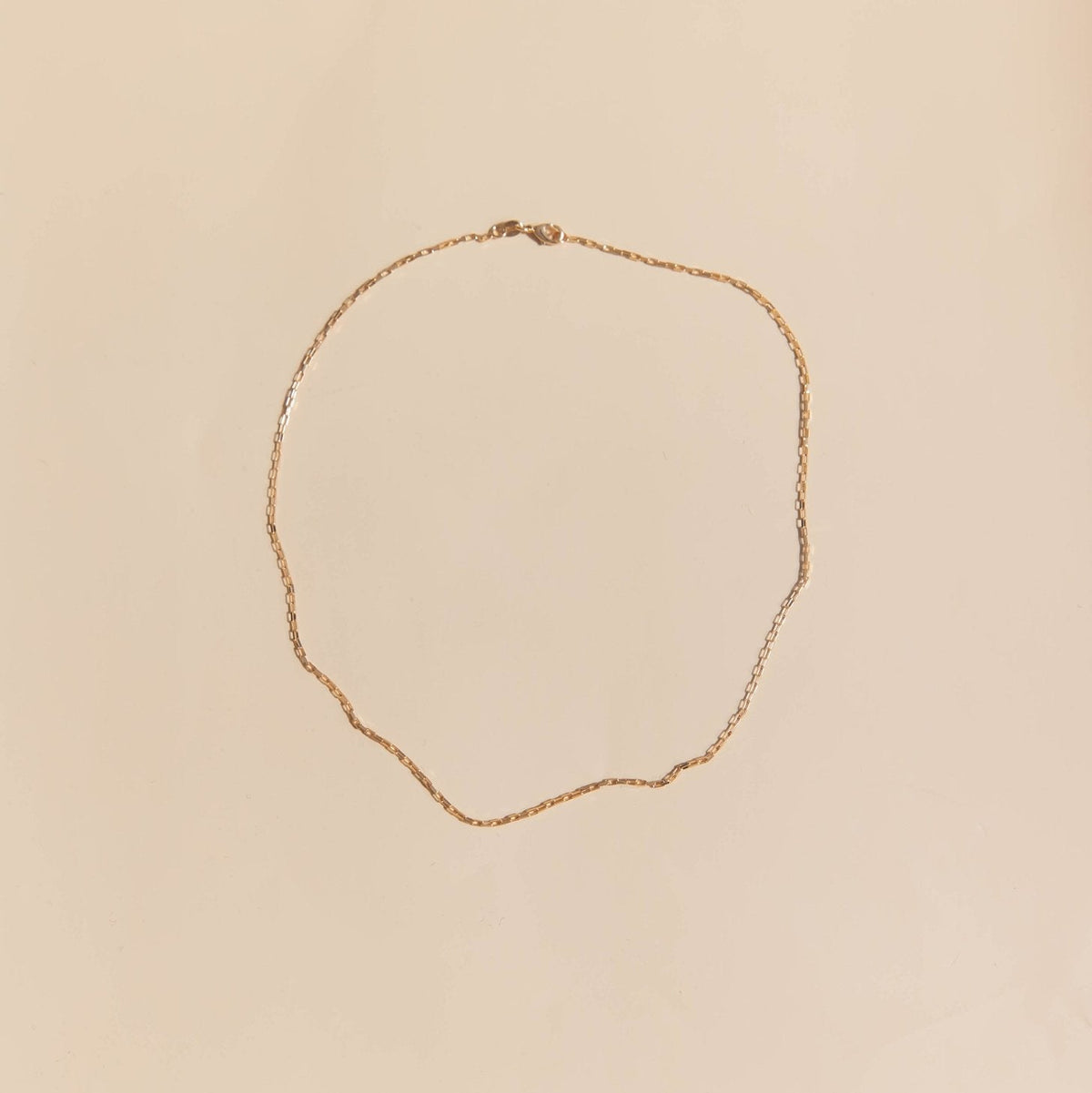 The Harlow Chain by LLUME Jewelry, a delicate 18k gold filled necklace with a subtle twisted design, is arranged in an uneven oval on a light beige background.