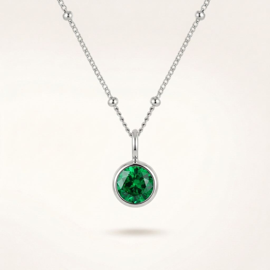 Birthstone Necklace, May | Emerald, Silver