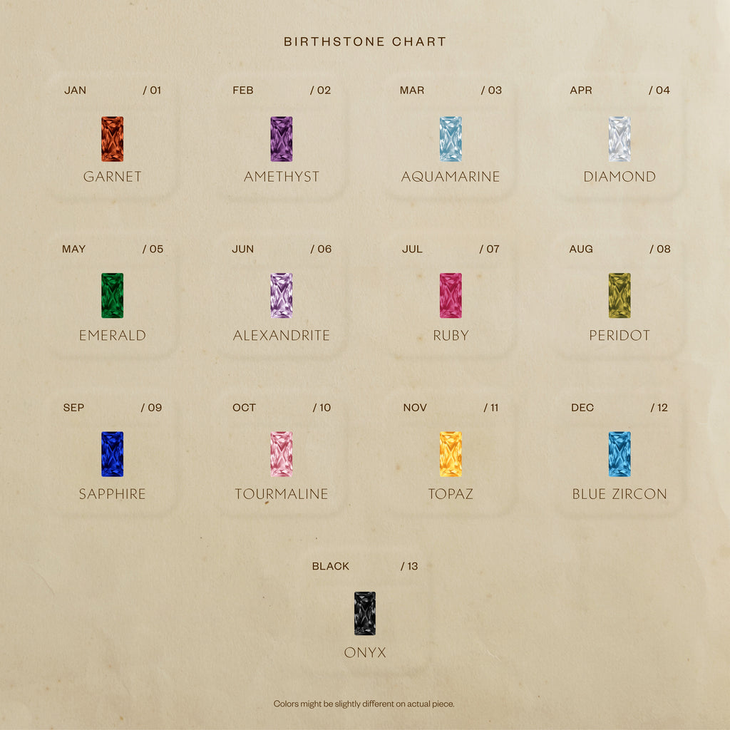 Selene Jewelry birthstone chart for the Duo Marquise Baguette Ring