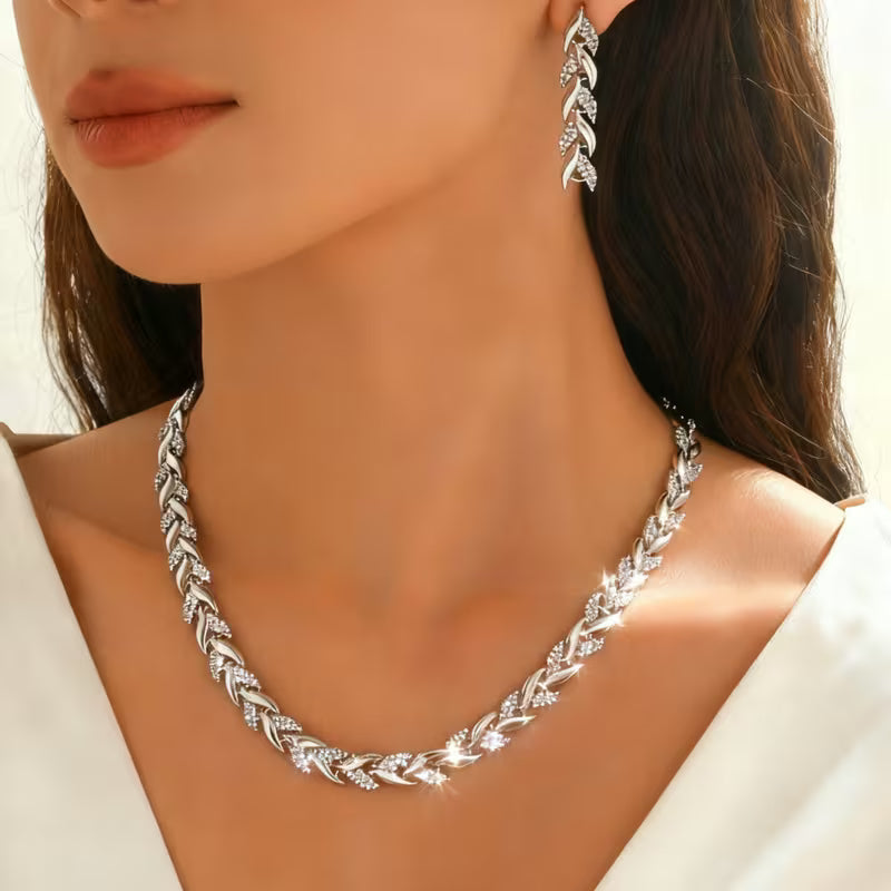 Silver Leaf Chain Earrings & Necklace Set