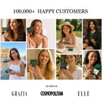 Collage of smiling Joie d’Or customers holding green gift boxes: 100,000+ happy customers, as seen in Grazia, Cosmopolitan and Elle