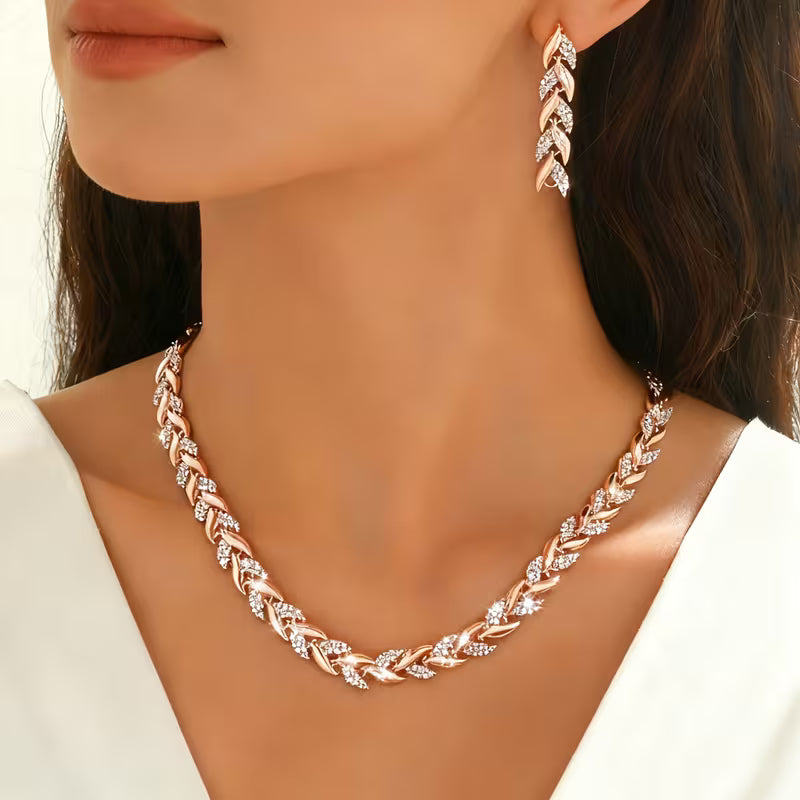 Harriet | Women Rose Gold Tone Leaf Chain Earrings and Bracelet Set