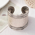 Vintage Boho Hammered Silver Plated Wide Cuff Bracelet