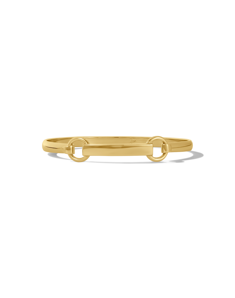 Gold bar bangle bracelet with hardware clasp detail