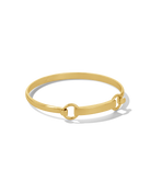 Gold bar bangle bracelet with hardware clasp, front view