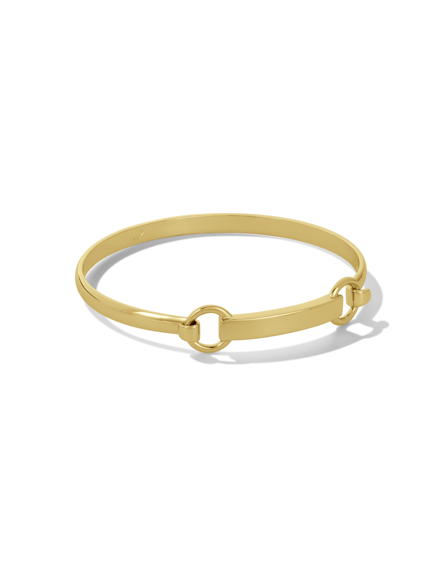 Gold bar bangle bracelet with hardware clasp, front view
