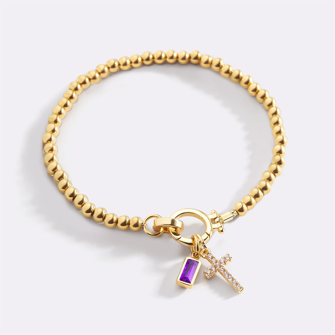 Birthstone Cross Charm Bracelet, February Amethyst / 6.5"