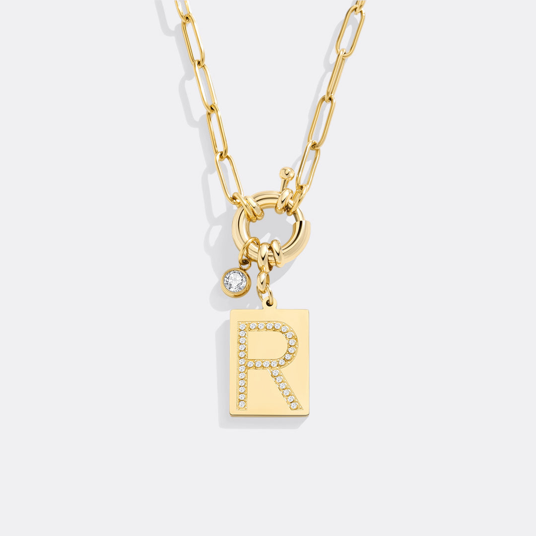 Pave Initial Pendant Necklace, Gold / R / 18"