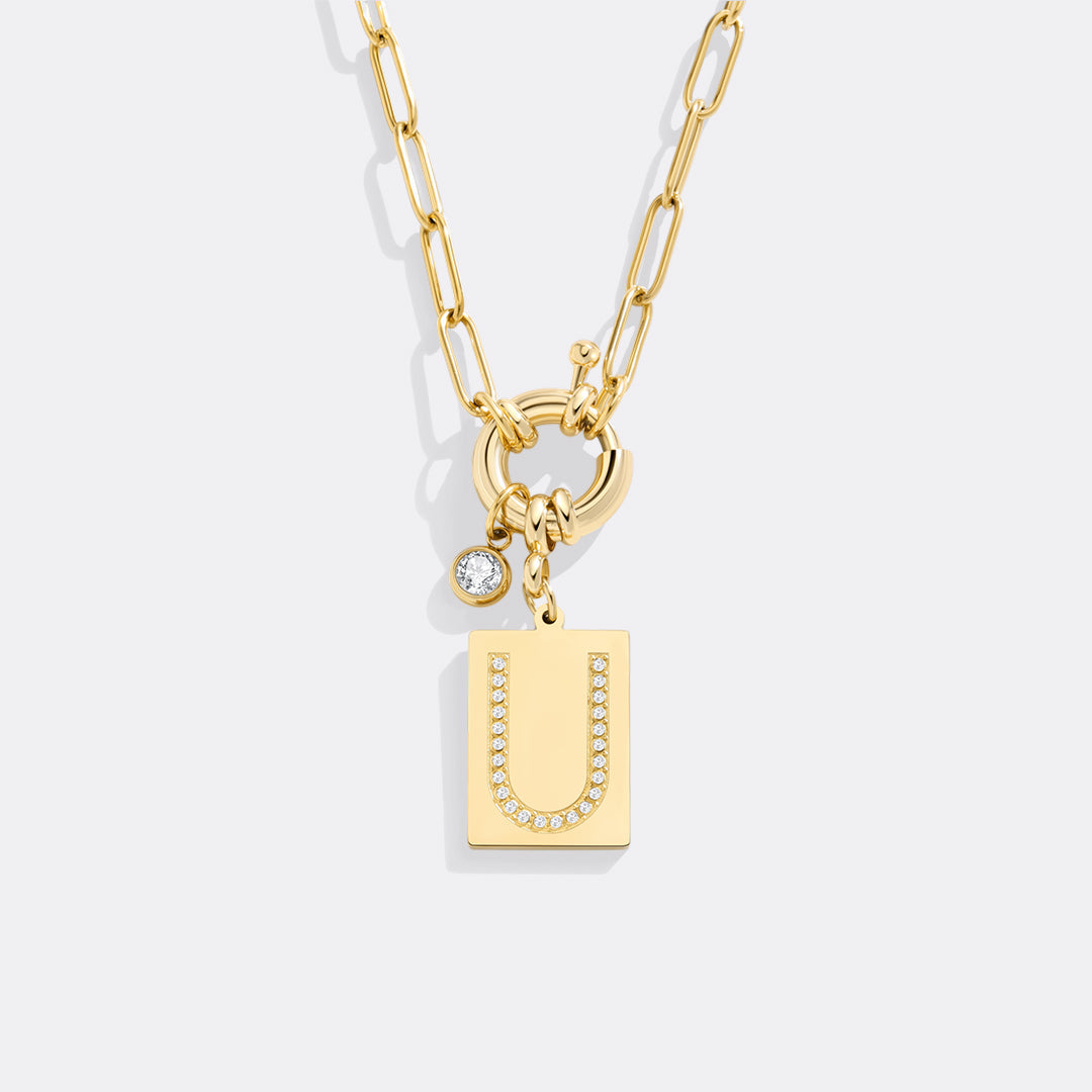 Pave Initial Pendant Necklace, Gold / U / 18"