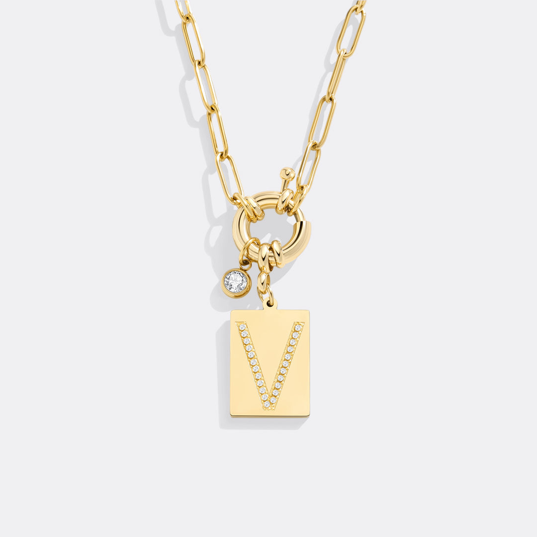 Pave Initial Pendant Necklace, Gold / V / 18"