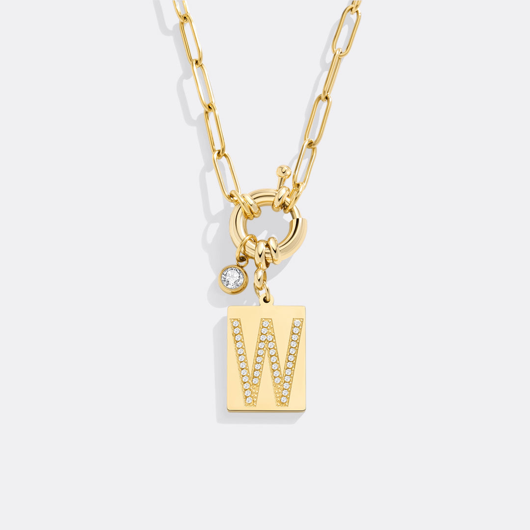 Pave Initial Pendant Necklace, Gold / W / 18"