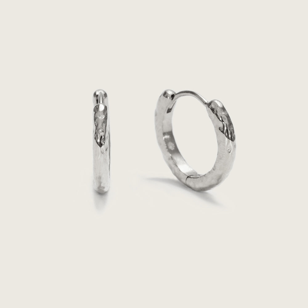 Silver Molten Huggies, silver huggie earrings with molten texture