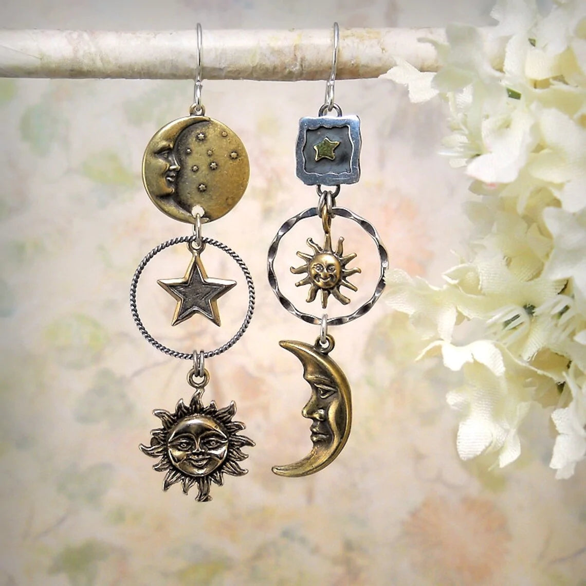 Earrings with Sun and Moon Pendant
