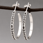 Vintage Botanical Bloom Engraved Silver Hoop Earrings