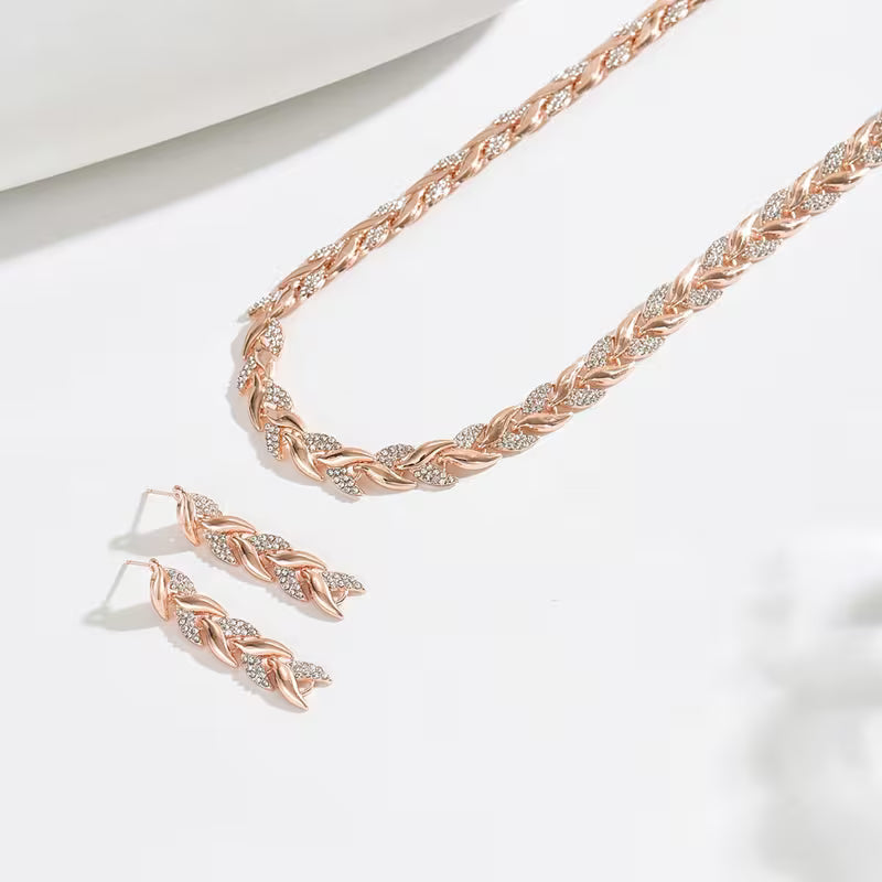 Harriet | Women Rose Gold Tone Leaf Chain Earrings and Bracelet Set