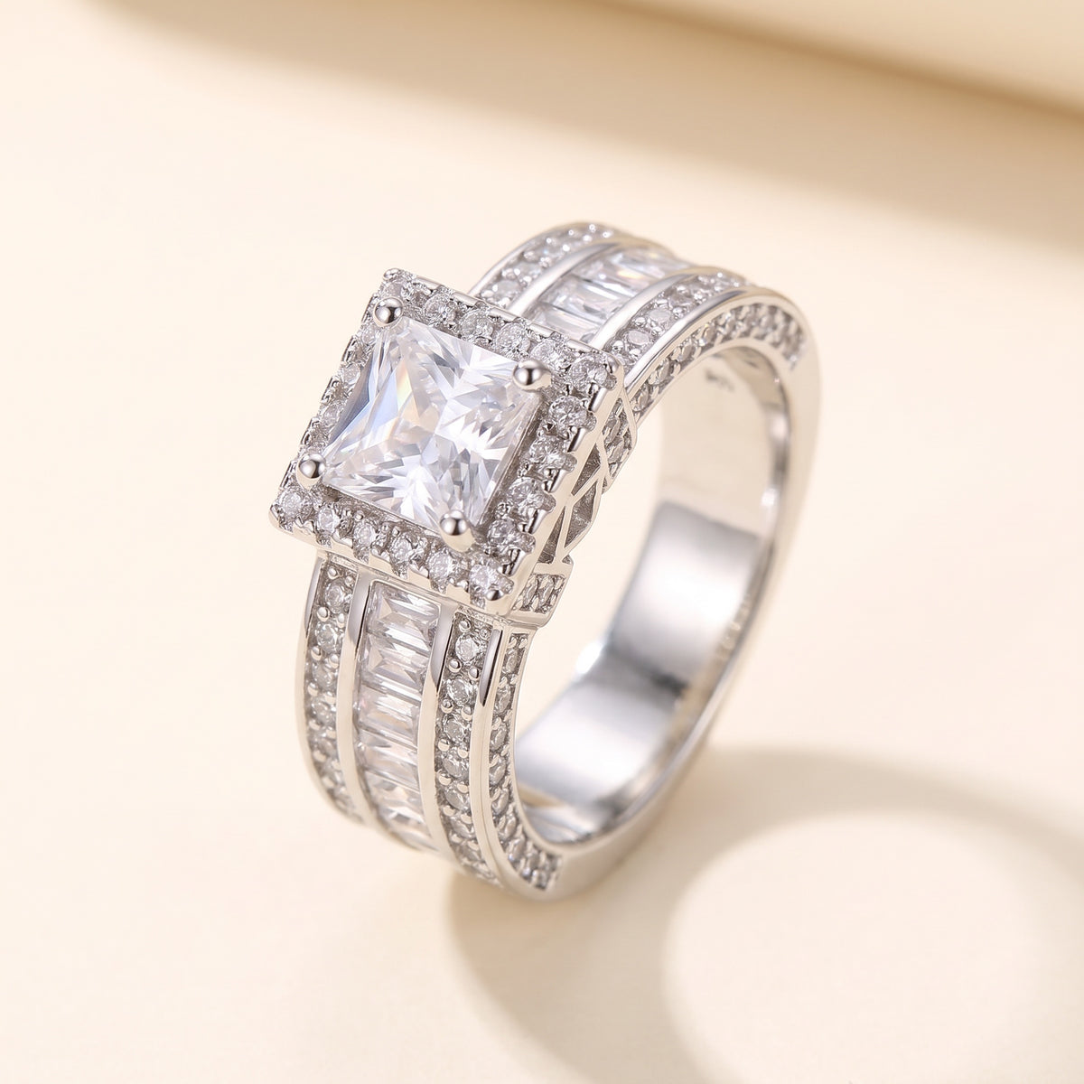 Beatrix square cubic zirconia ring on cream background