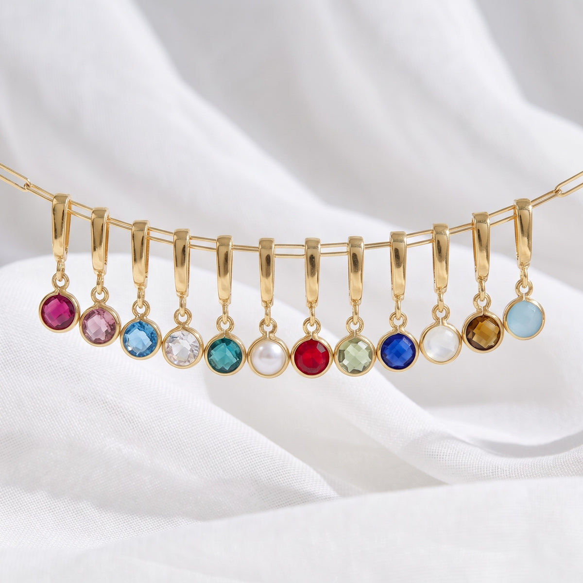 Bezel Birthstone Charms, all twelve birthstones on a gold chain