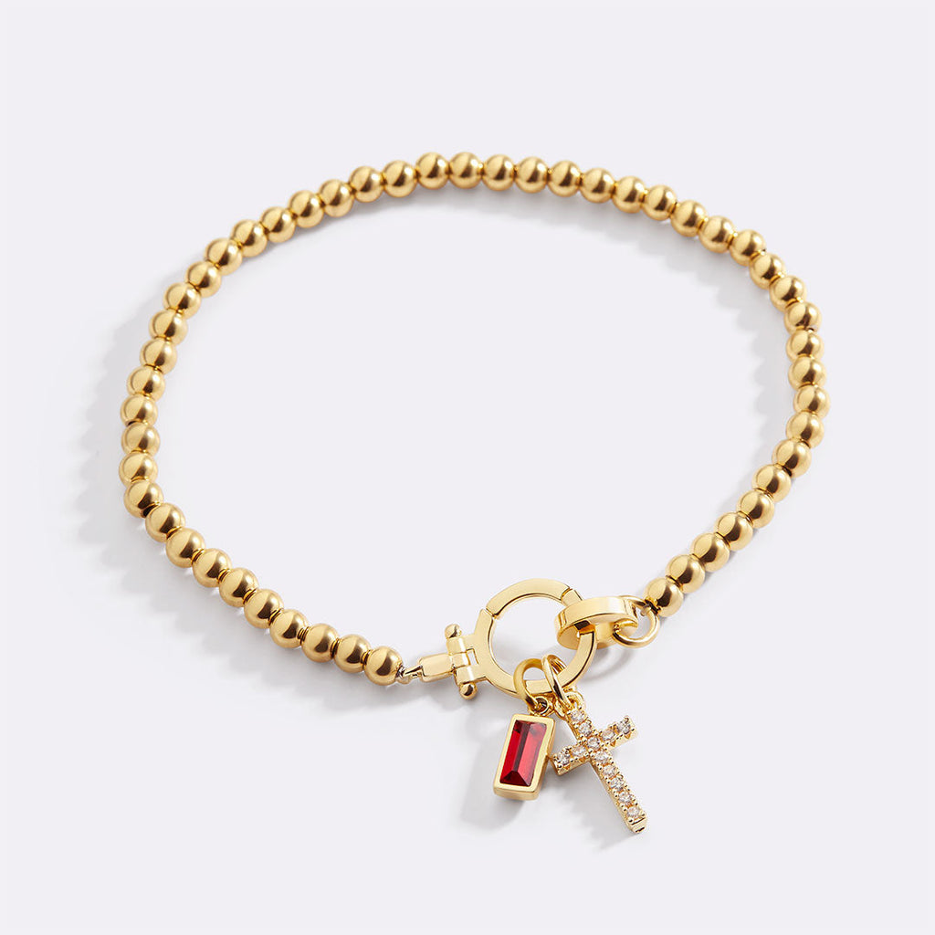 Birthstone Cross Charm Bracelet, January Garnet / 6.5"