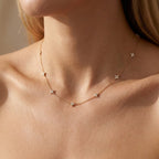 Woman wearing the Mia dainty gold necklace with small crystal clusters spaced along the chain