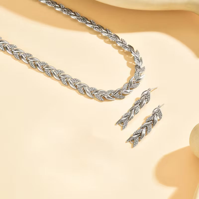 Silver Leaf Chain Earrings & Necklace Set