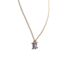 The Celia Necklace by LLUME Jewelry showcases a rectangular lilac gemstone pendant in a minimalist gold vermeil setting, photographed against a white background.