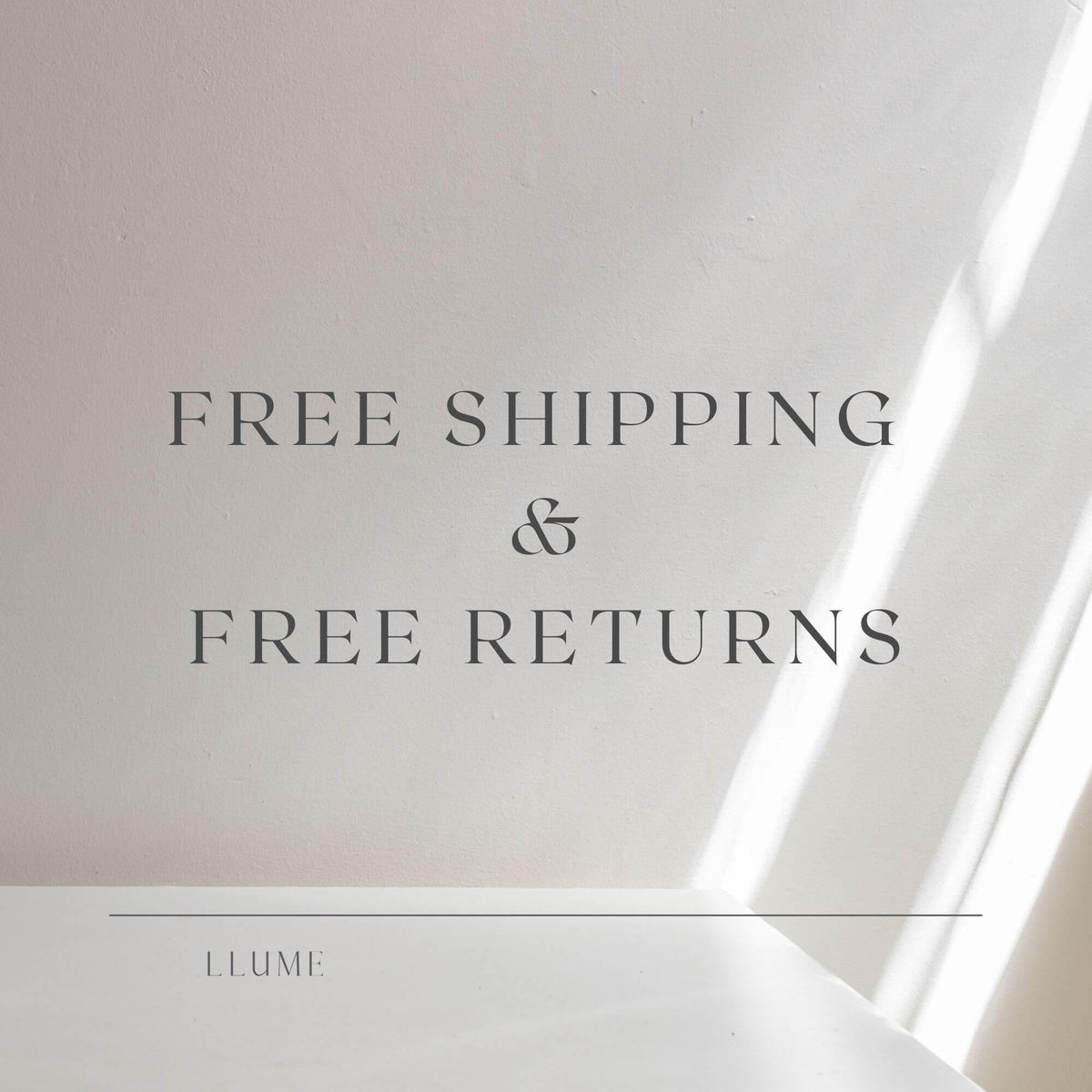 Text reading Free Shipping & Free Returns is centered on a light background with soft shadows. LLUME Jewelry is at the bottom, separated by a thin line, highlighting the elegance of our Celia Necklace gold vermeil collection.