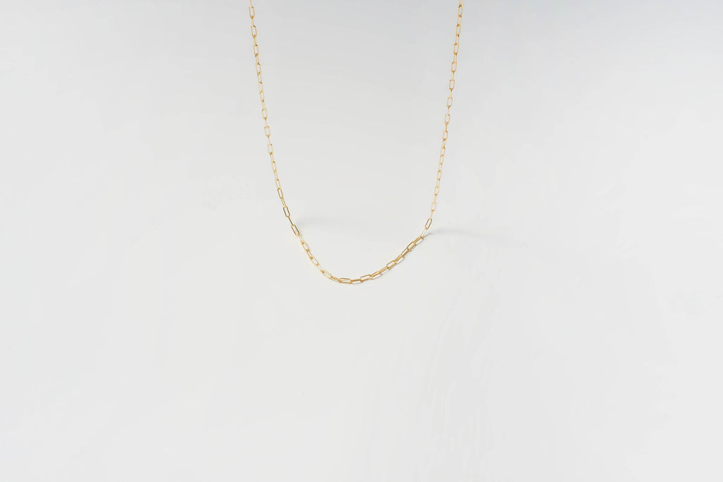 The LLUME Jewelry Build a Birthstone Necklace features a delicate gold chain with elongated links and gold plated charms, beautifully displayed against a plain white background.