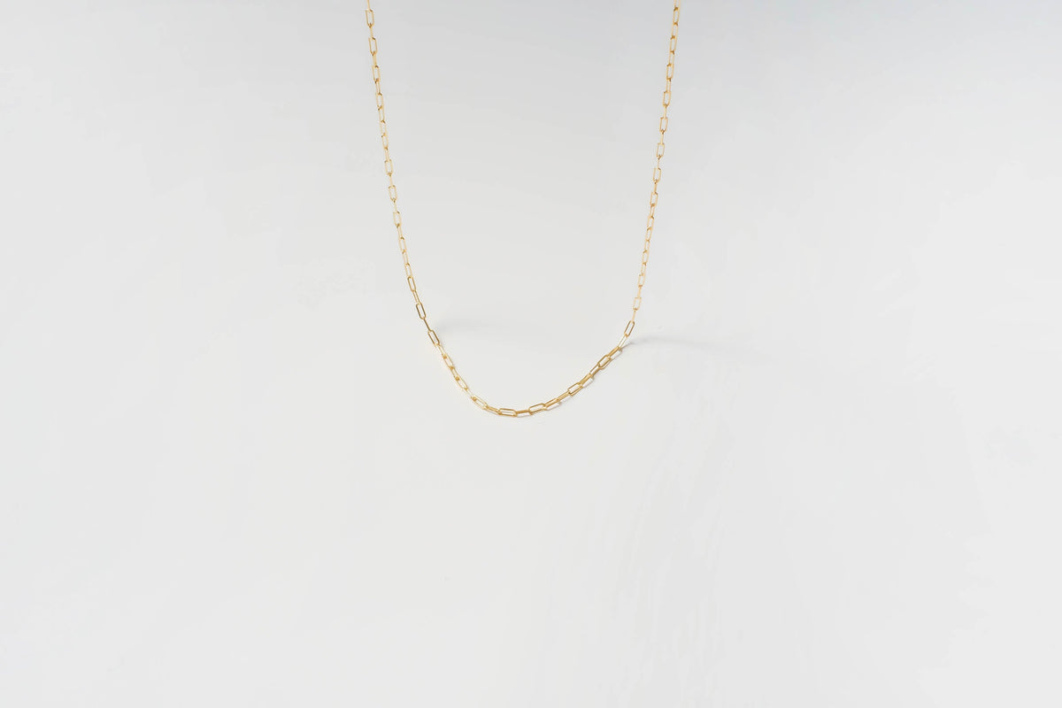 The LLUME Jewelry Build a Birthstone Necklace features a delicate gold chain with elongated links and gold plated charms, beautifully displayed against a plain white background.