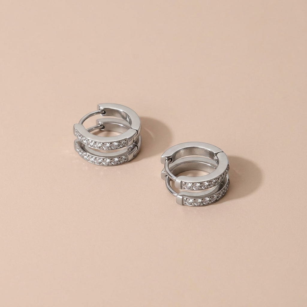 Pave Huggie Hoop Earrings, Silver Color